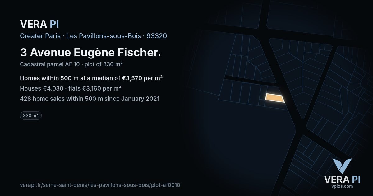 3 Avenue Eugène Fischer, Les Pavillons-sous-Bois at night – the plot lit, the parcels around coloured by the prices near them