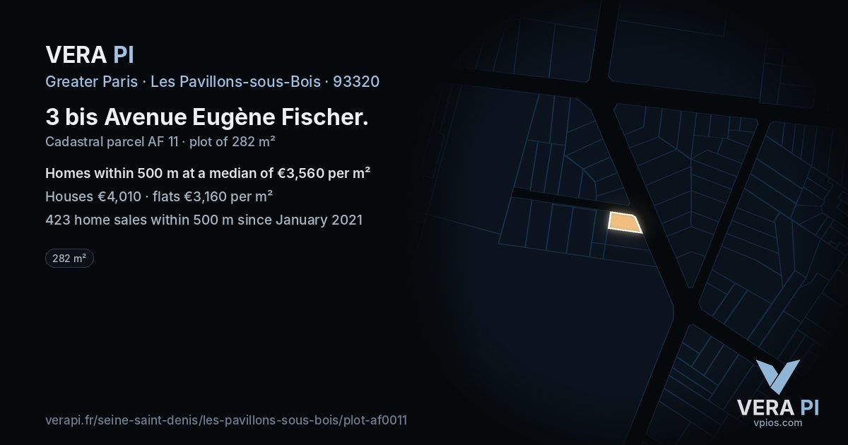 3 bis Avenue Eugène Fischer, Les Pavillons-sous-Bois at night – the plot lit, the parcels around coloured by the prices near them