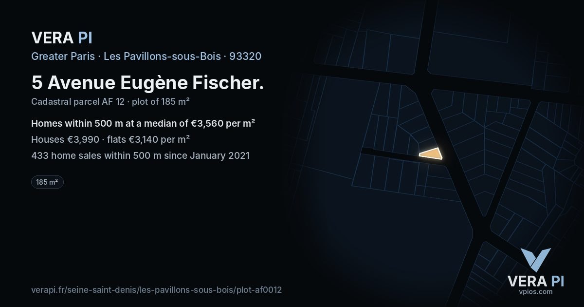5 Avenue Eugène Fischer, Les Pavillons-sous-Bois at night – the plot lit, the parcels around coloured by the prices near them