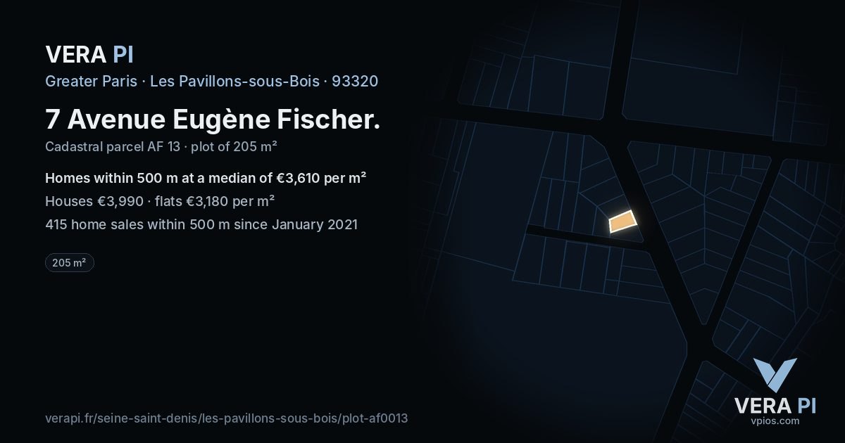 7 Avenue Eugène Fischer, Les Pavillons-sous-Bois at night – the plot lit, the parcels around coloured by the prices near them