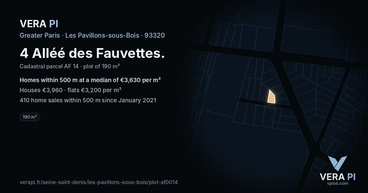 4 Alléé des Fauvettes, Les Pavillons-sous-Bois at night – the plot lit, the parcels around coloured by the prices near them