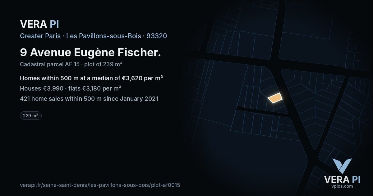 9 Avenue Eugène Fischer, Les Pavillons-sous-Bois at night – the plot lit, the parcels around coloured by the prices near them
