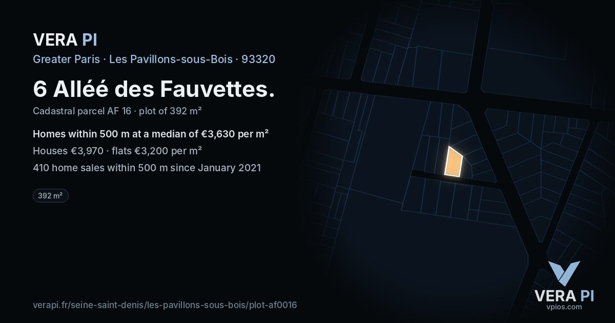 6 Alléé des Fauvettes, Les Pavillons-sous-Bois at night – the plot lit, the parcels around coloured by the prices near them