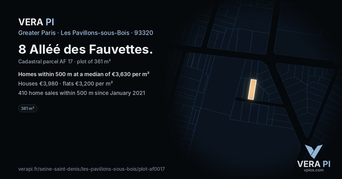 8 Alléé des Fauvettes, Les Pavillons-sous-Bois at night – the plot lit, the parcels around coloured by the prices near them