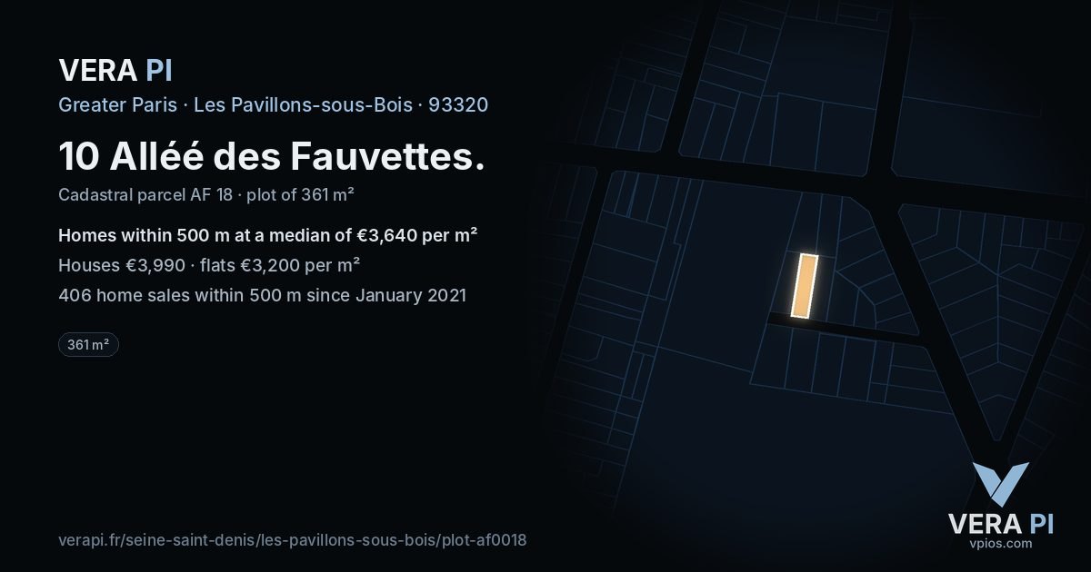 10 Alléé des Fauvettes, Les Pavillons-sous-Bois at night – the plot lit, the parcels around coloured by the prices near them