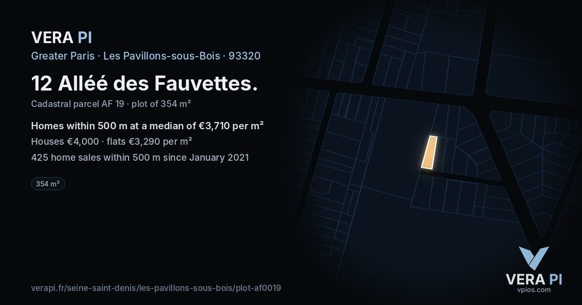 12 Alléé des Fauvettes, Les Pavillons-sous-Bois at night – the plot lit, the parcels around coloured by the prices near them