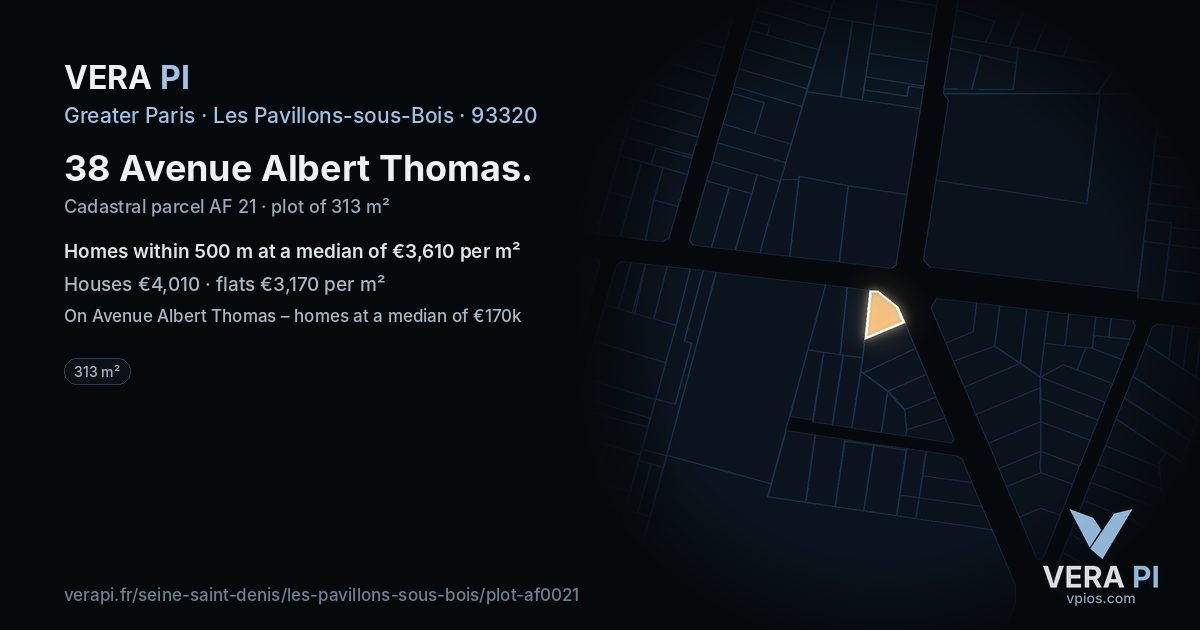 38 Avenue Albert Thomas, Les Pavillons-sous-Bois at night – the plot lit, the parcels around coloured by the prices near them
