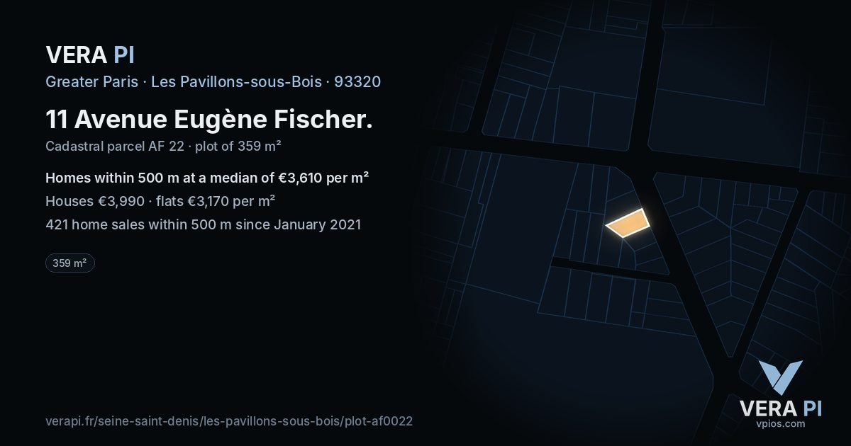 11 Avenue Eugène Fischer, Les Pavillons-sous-Bois at night – the plot lit, the parcels around coloured by the prices near them