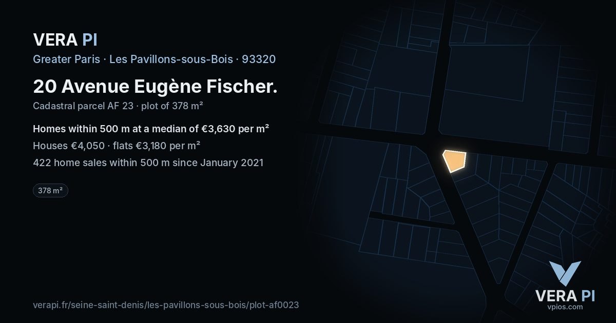 20 Avenue Eugène Fischer, Les Pavillons-sous-Bois at night – the plot lit, the parcels around coloured by the prices near them