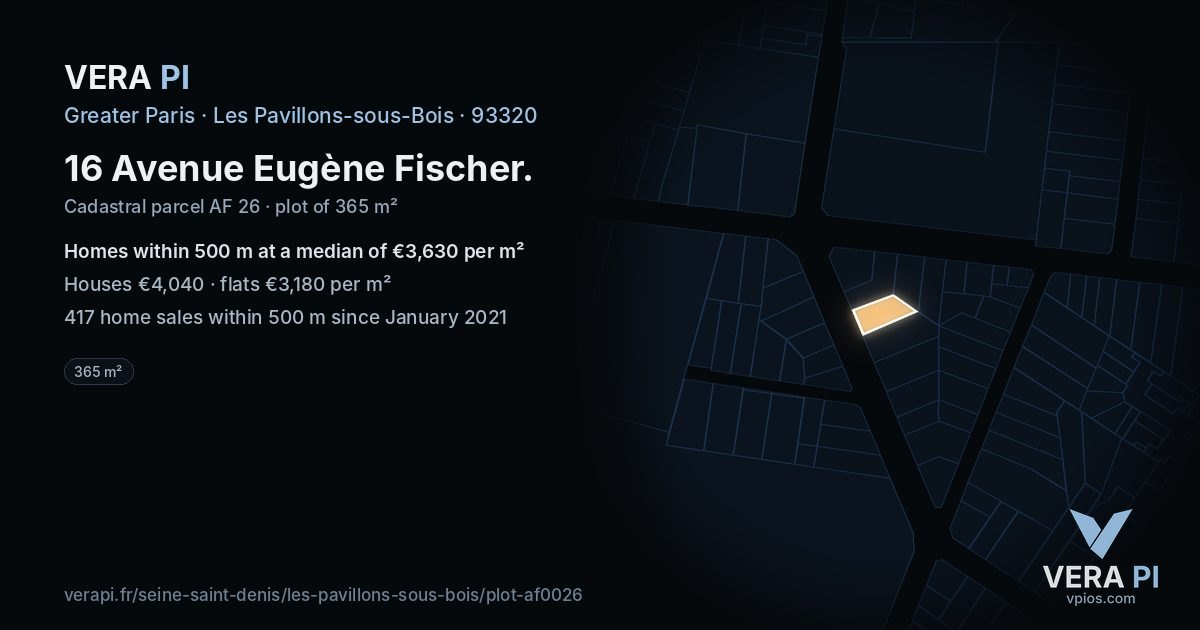 16 Avenue Eugène Fischer, Les Pavillons-sous-Bois at night – the plot lit, the parcels around coloured by the prices near them