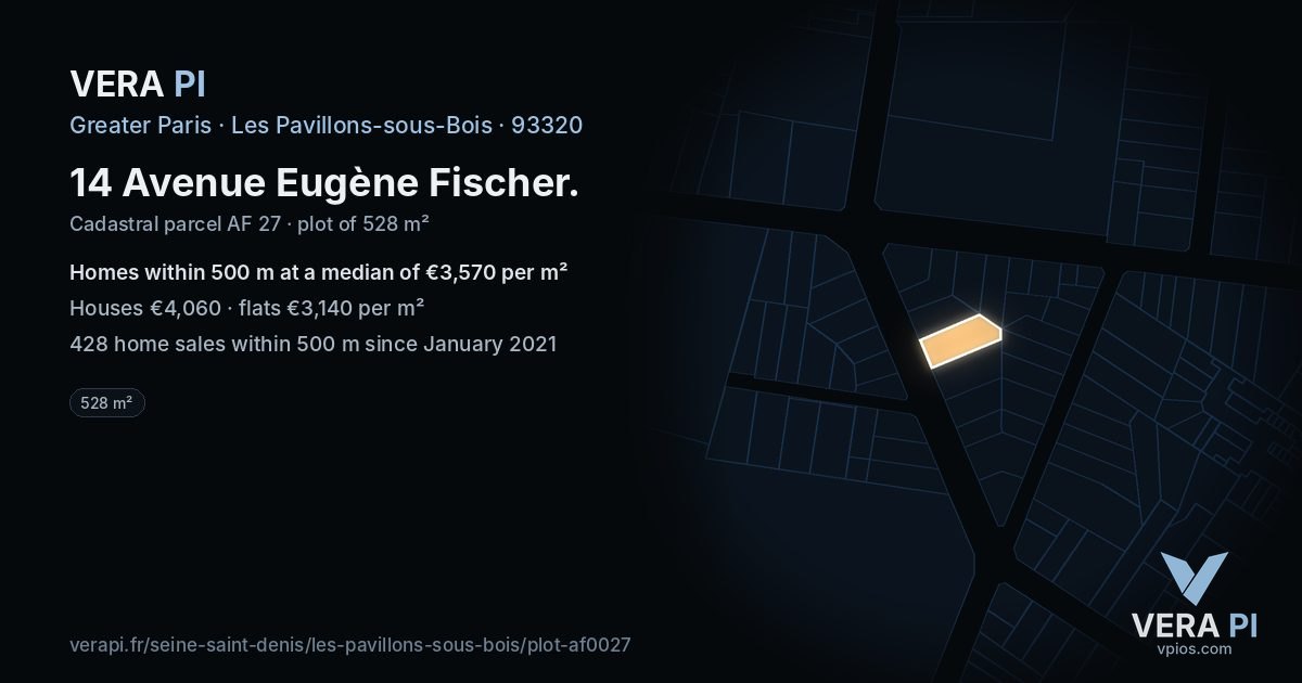 14 Avenue Eugène Fischer, Les Pavillons-sous-Bois at night – the plot lit, the parcels around coloured by the prices near them