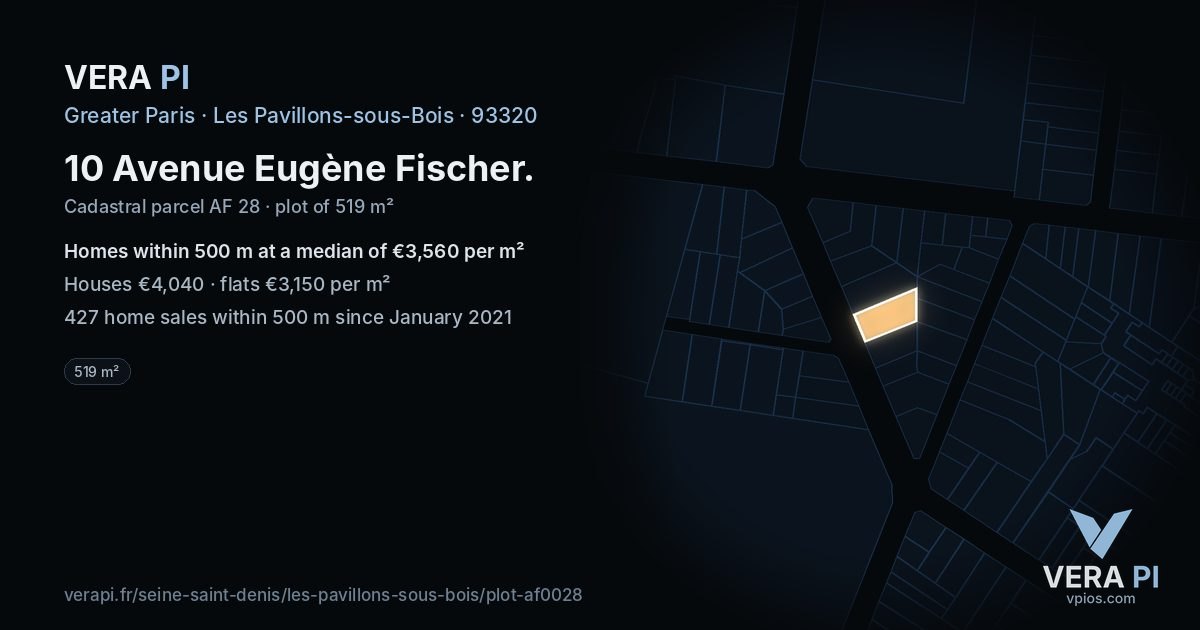 10 Avenue Eugène Fischer, Les Pavillons-sous-Bois at night – the plot lit, the parcels around coloured by the prices near them