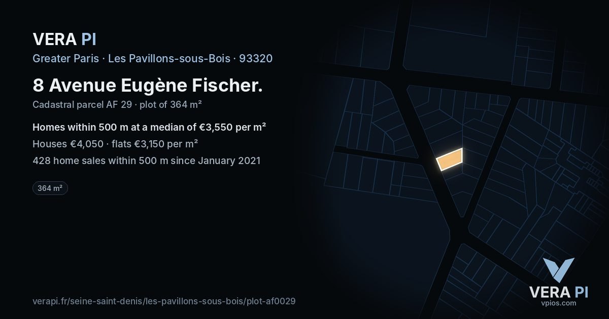 8 Avenue Eugène Fischer, Les Pavillons-sous-Bois at night – the plot lit, the parcels around coloured by the prices near them