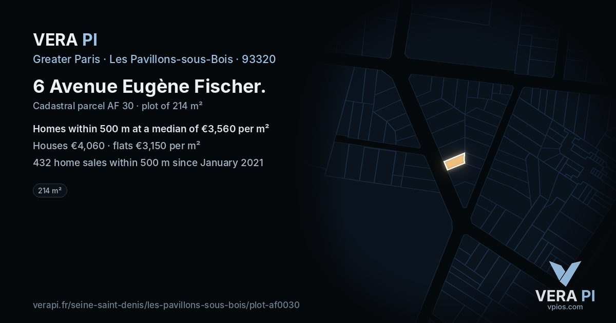 6 Avenue Eugène Fischer, Les Pavillons-sous-Bois at night – the plot lit, the parcels around coloured by the prices near them