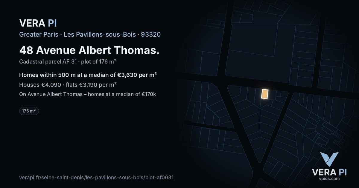 48 Avenue Albert Thomas, Les Pavillons-sous-Bois at night – the plot lit, the parcels around coloured by the prices near them