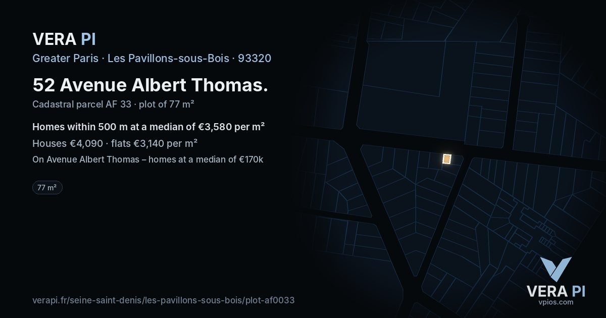 52 Avenue Albert Thomas, Les Pavillons-sous-Bois at night – the plot lit, the parcels around coloured by the prices near them