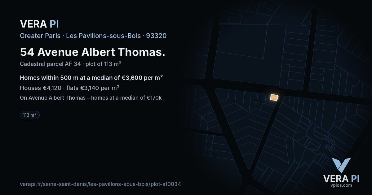 54 Avenue Albert Thomas, Les Pavillons-sous-Bois at night – the plot lit, the parcels around coloured by the prices near them