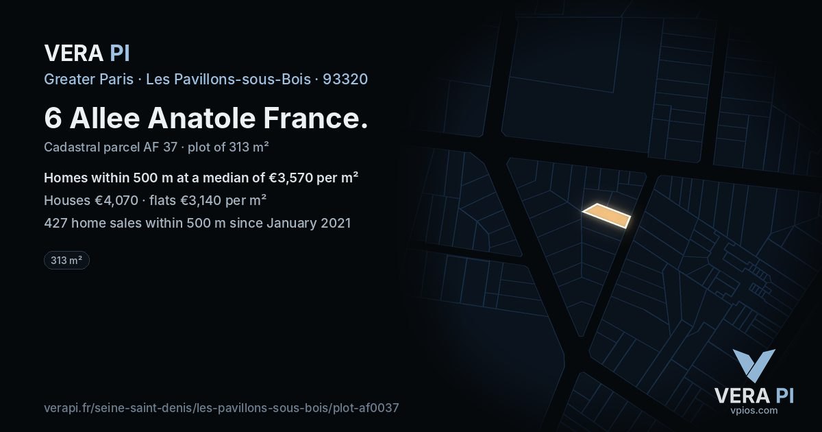 6 Allee Anatole France, Les Pavillons-sous-Bois at night – the plot lit, the parcels around coloured by the prices near them