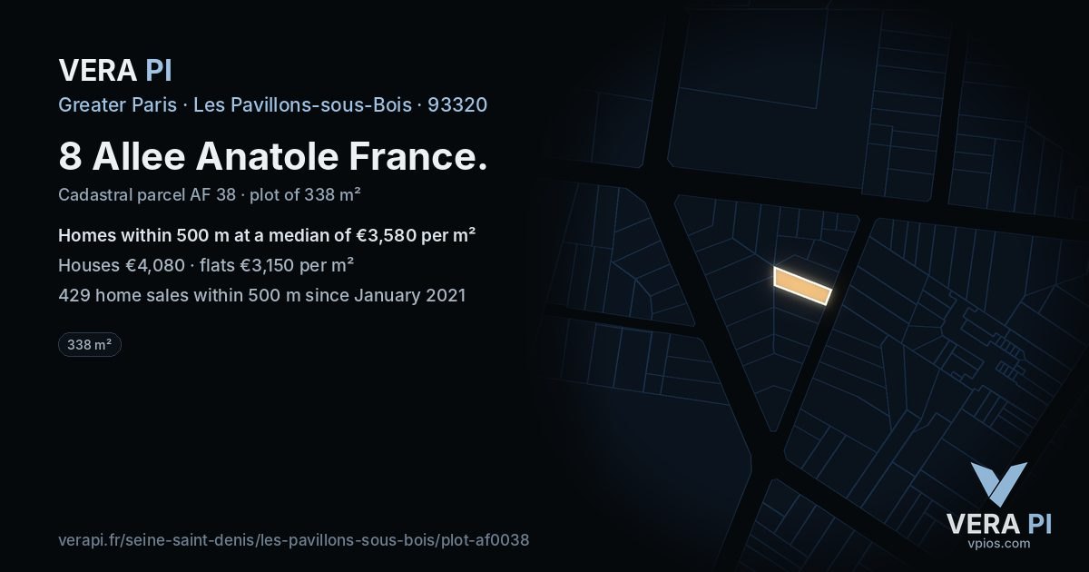 8 Allee Anatole France, Les Pavillons-sous-Bois at night – the plot lit, the parcels around coloured by the prices near them