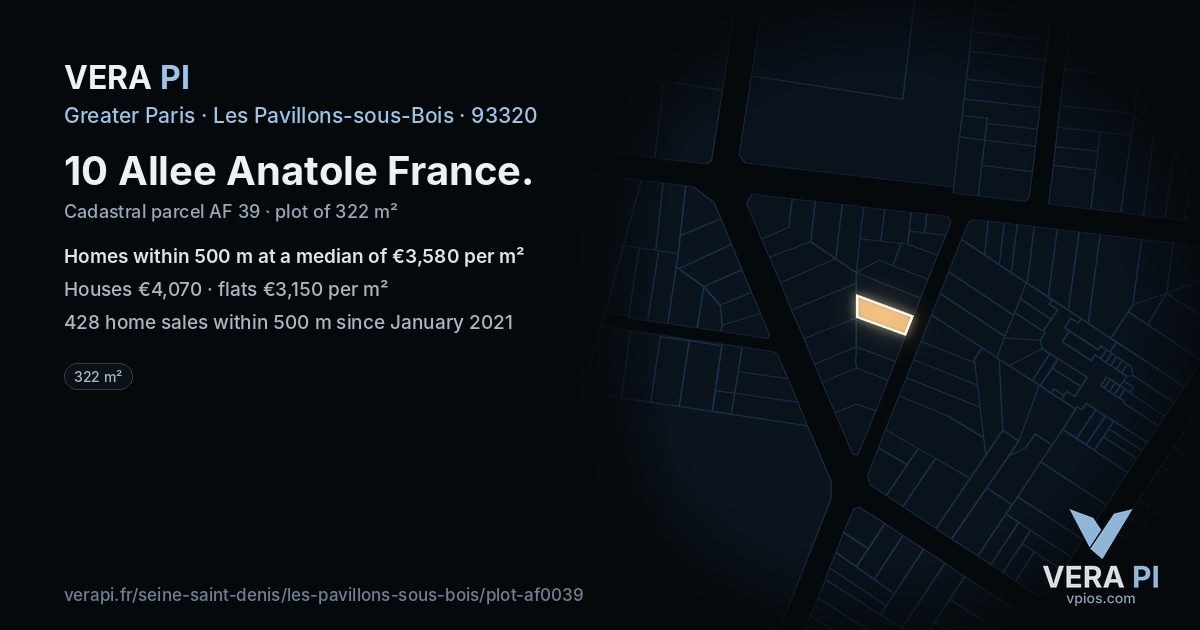 10 Allee Anatole France, Les Pavillons-sous-Bois at night – the plot lit, the parcels around coloured by the prices near them
