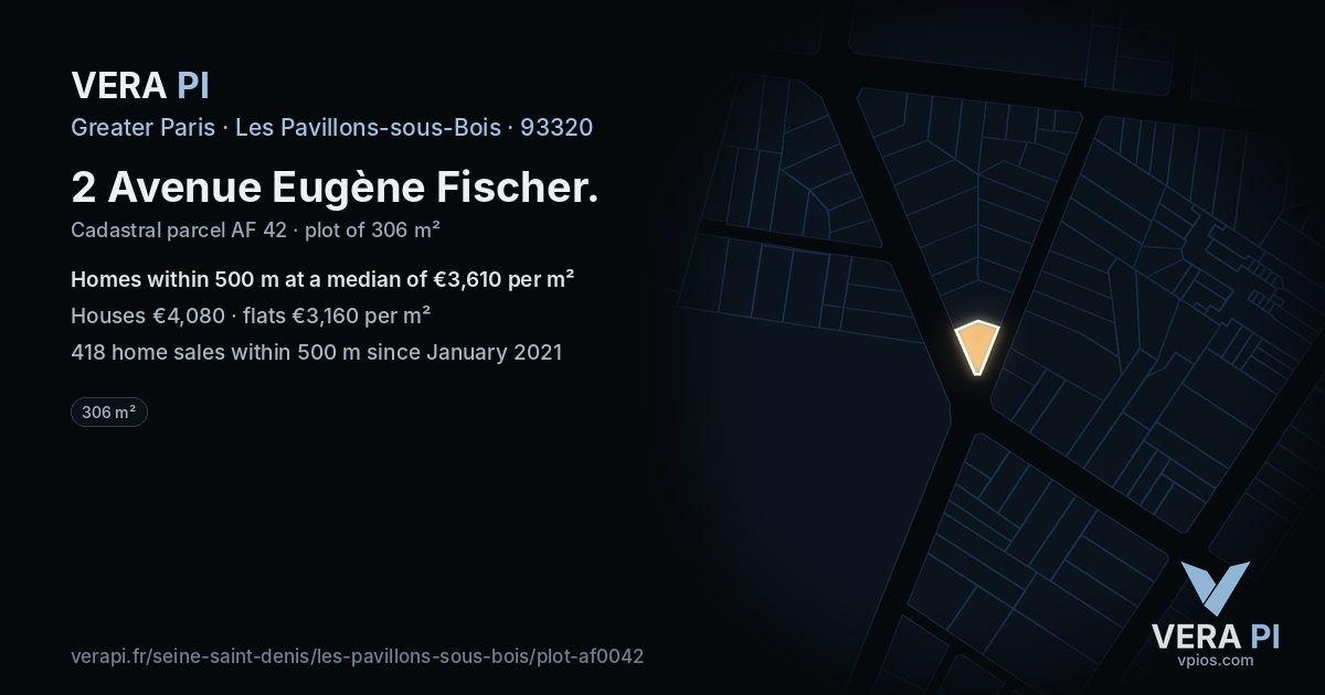 2 Avenue Eugène Fischer, Les Pavillons-sous-Bois at night – the plot lit, the parcels around coloured by the prices near them