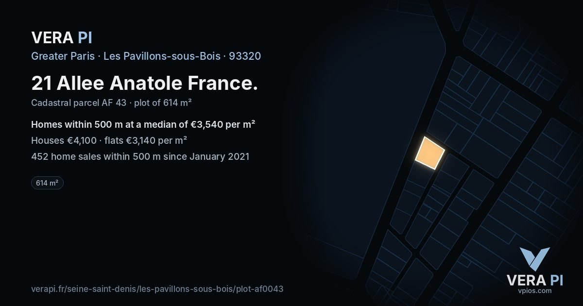 21 Allee Anatole France, Les Pavillons-sous-Bois at night – the plot lit, the parcels around coloured by the prices near them