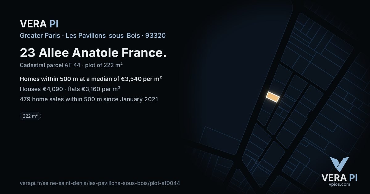 23 Allee Anatole France, Les Pavillons-sous-Bois at night – the plot lit, the parcels around coloured by the prices near them
