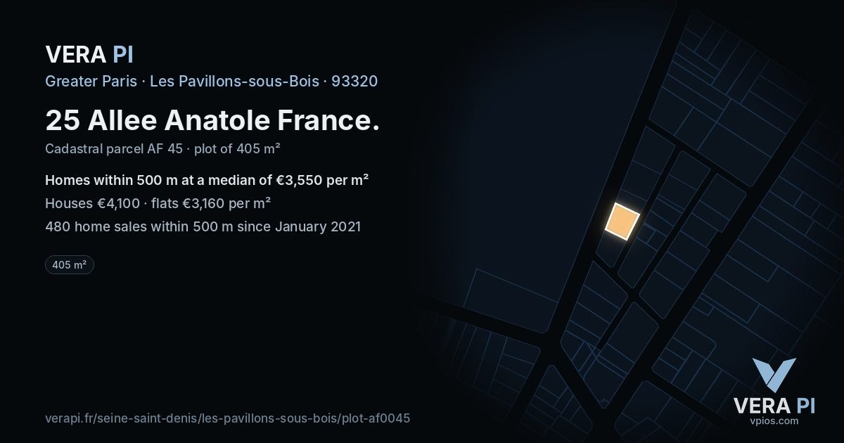 25 Allee Anatole France, Les Pavillons-sous-Bois at night – the plot lit, the parcels around coloured by the prices near them