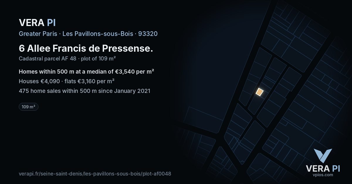 6 Allee Francis de Pressense, Les Pavillons-sous-Bois at night – the plot lit, the parcels around coloured by the prices near them
