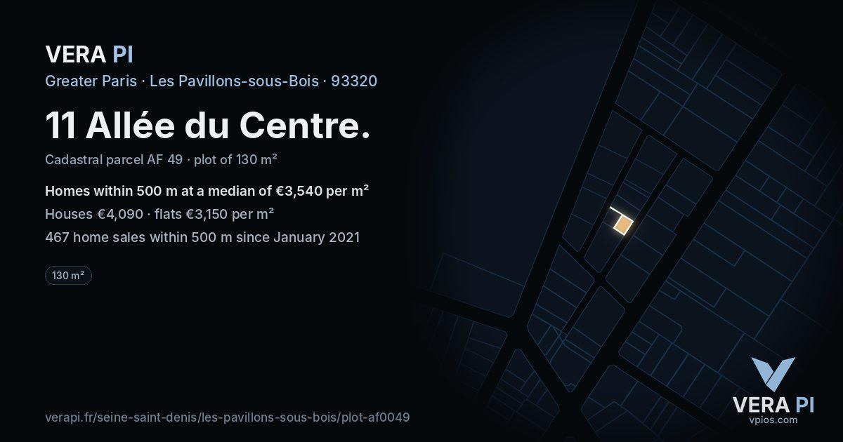 11 Allée du Centre, Les Pavillons-sous-Bois at night – the plot lit, the parcels around coloured by the prices near them