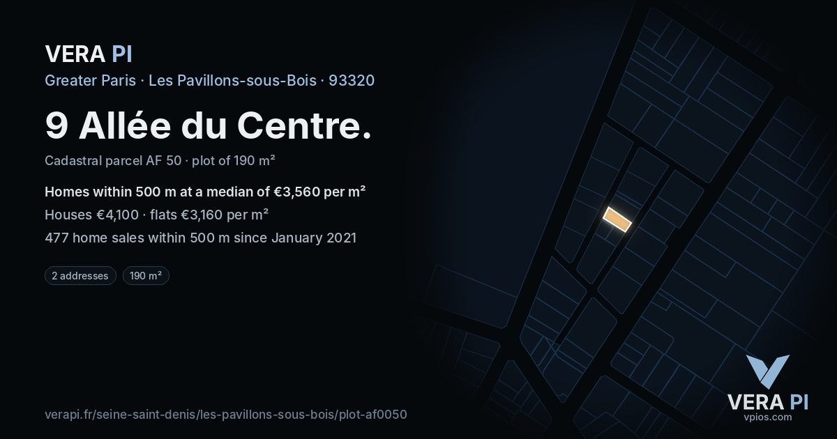 9 Allée du Centre, Les Pavillons-sous-Bois at night – the plot lit, the parcels around coloured by the prices near them