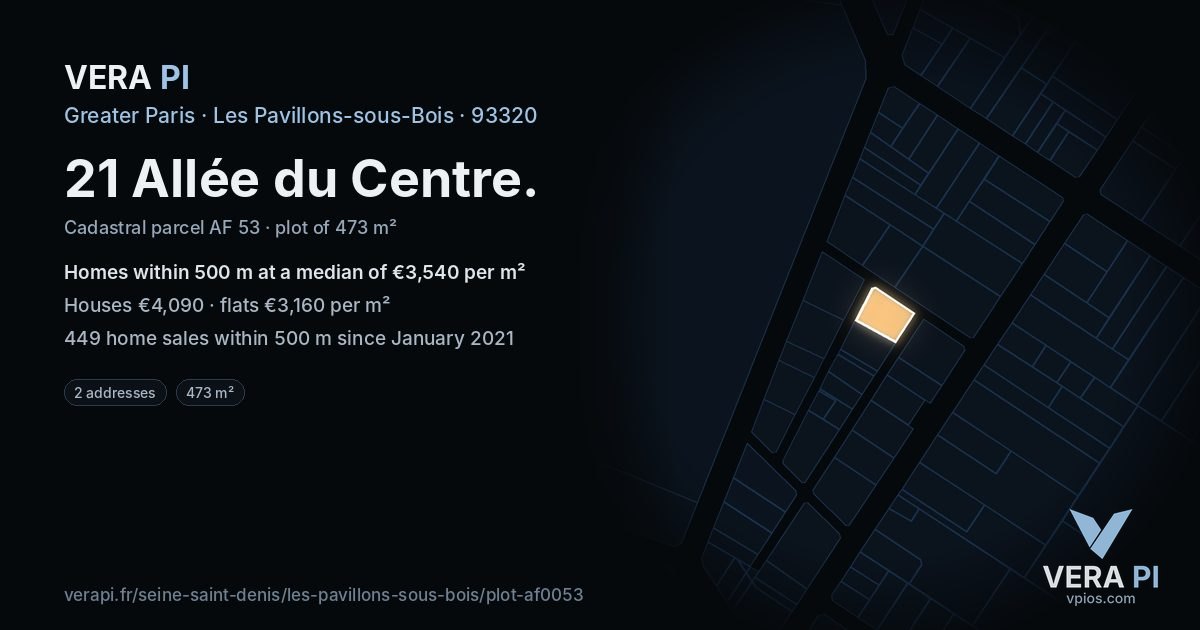 21 Allée du Centre, Les Pavillons-sous-Bois at night – the plot lit, the parcels around coloured by the prices near them