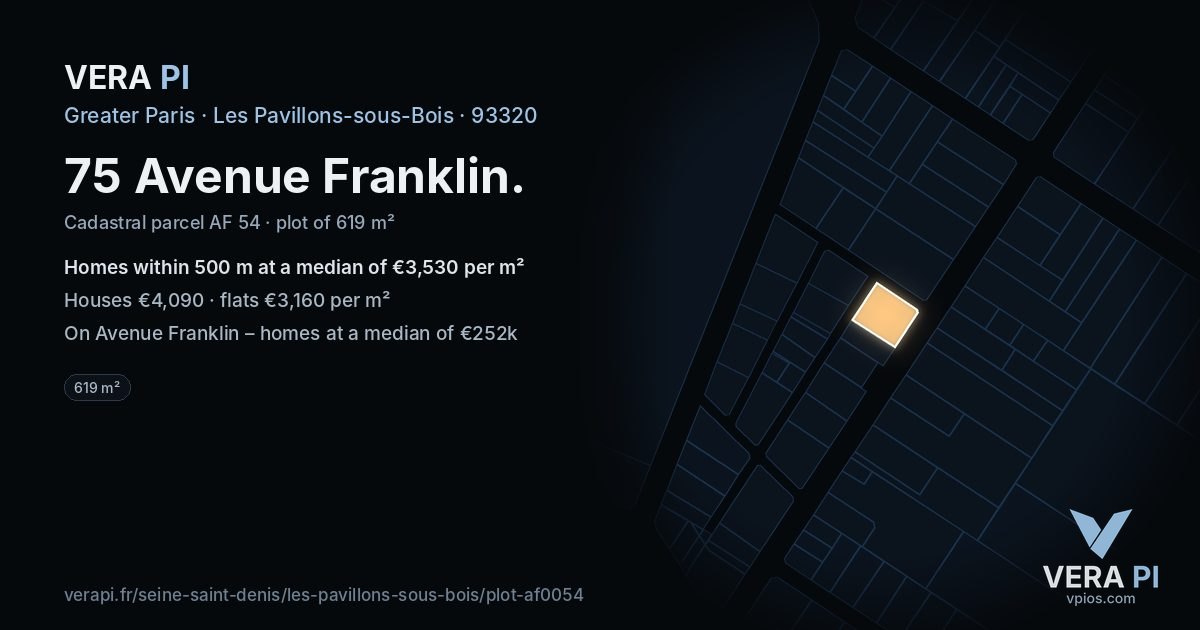 75 Avenue Franklin, Les Pavillons-sous-Bois at night – the plot lit, the parcels around coloured by the prices near them