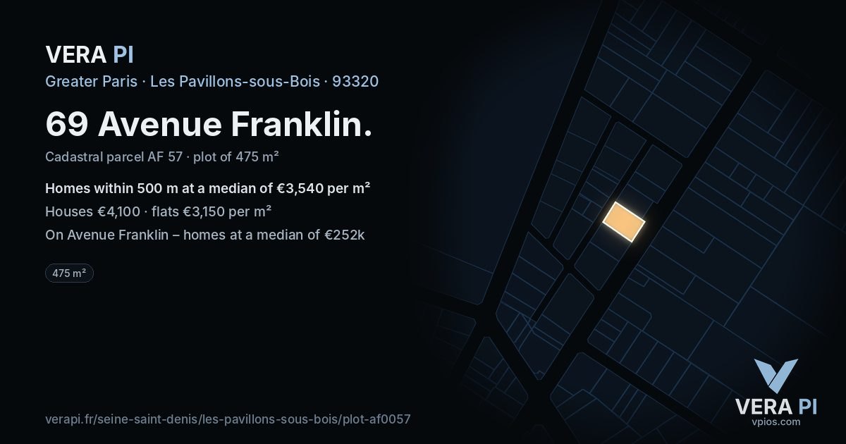 69 Avenue Franklin, Les Pavillons-sous-Bois at night – the plot lit, the parcels around coloured by the prices near them