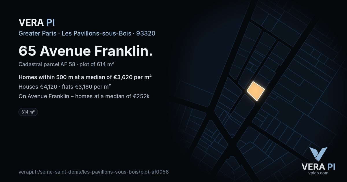 65 Avenue Franklin, Les Pavillons-sous-Bois at night – the plot lit, the parcels around coloured by the prices near them