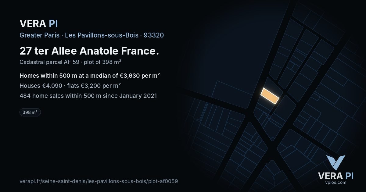 27 ter Allee Anatole France, Les Pavillons-sous-Bois at night – the plot lit, the parcels around coloured by the prices near them