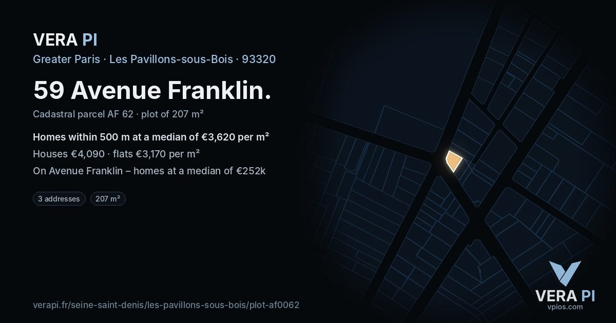 59 Avenue Franklin, Les Pavillons-sous-Bois at night – the plot lit, the parcels around coloured by the prices near them