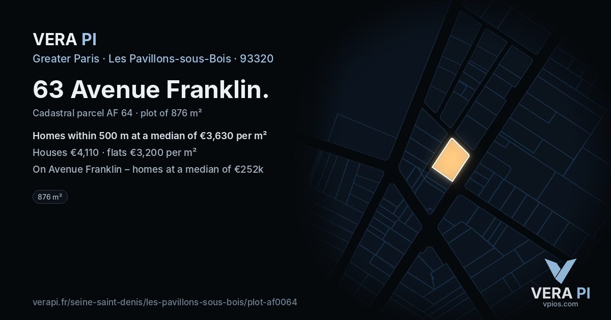 63 Avenue Franklin, Les Pavillons-sous-Bois at night – the plot lit, the parcels around coloured by the prices near them