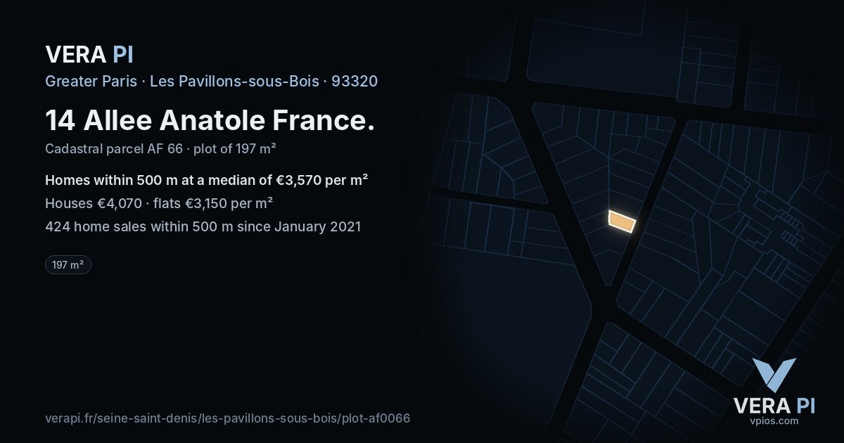 14 Allee Anatole France, Les Pavillons-sous-Bois at night – the plot lit, the parcels around coloured by the prices near them