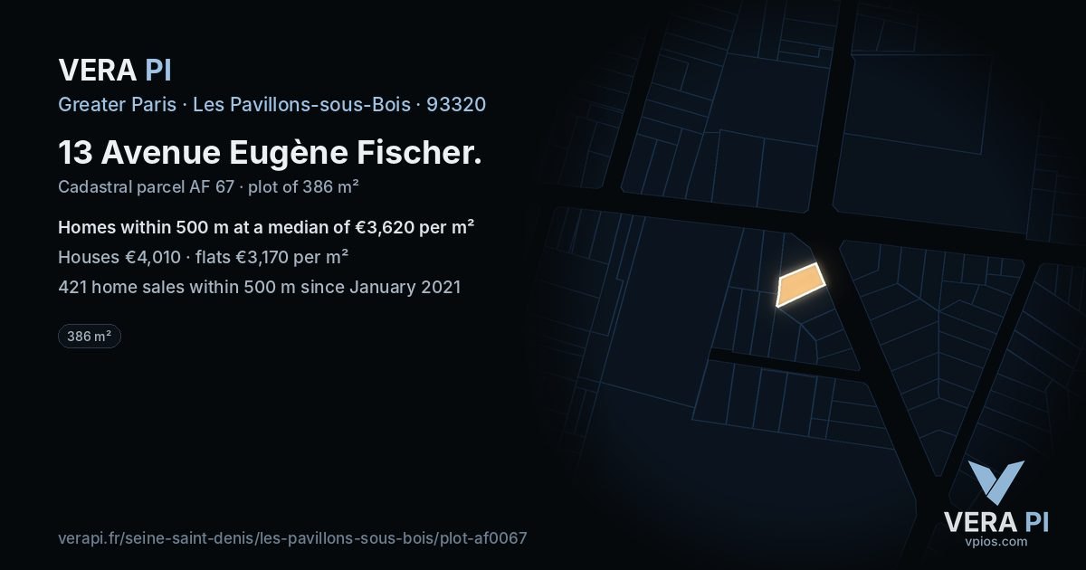 13 Avenue Eugène Fischer, Les Pavillons-sous-Bois at night – the plot lit, the parcels around coloured by the prices near them