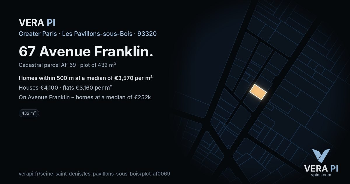 67 Avenue Franklin, Les Pavillons-sous-Bois at night – the plot lit, the parcels around coloured by the prices near them