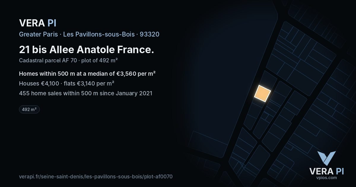 21 bis Allee Anatole France, Les Pavillons-sous-Bois at night – the plot lit, the parcels around coloured by the prices near them