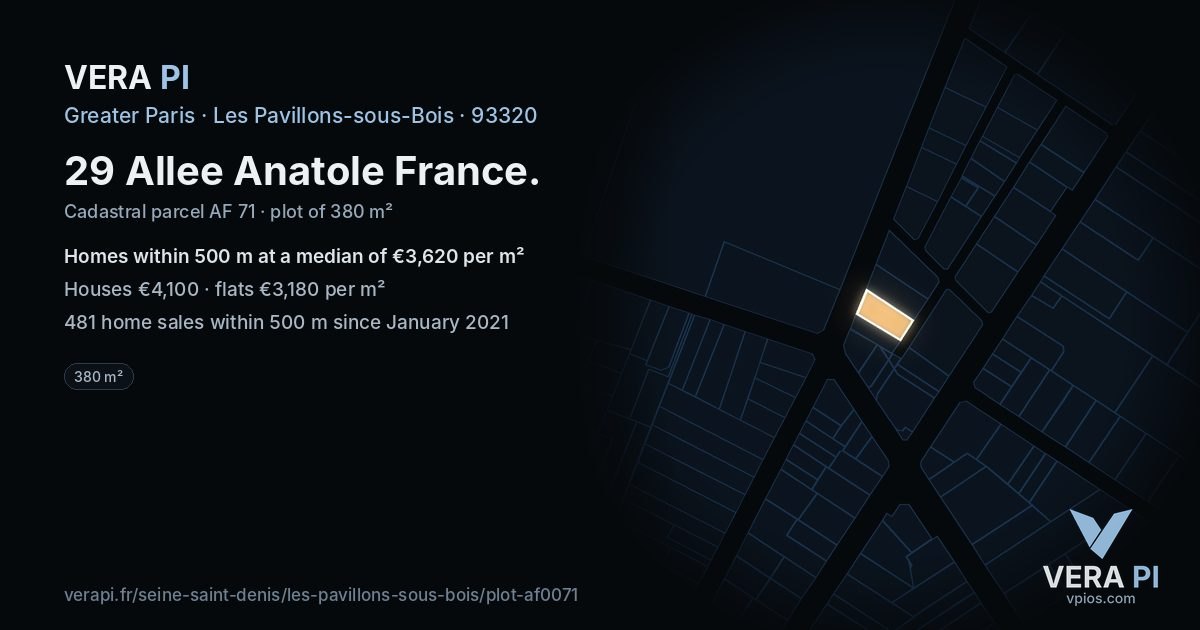 29 Allee Anatole France, Les Pavillons-sous-Bois at night – the plot lit, the parcels around coloured by the prices near them