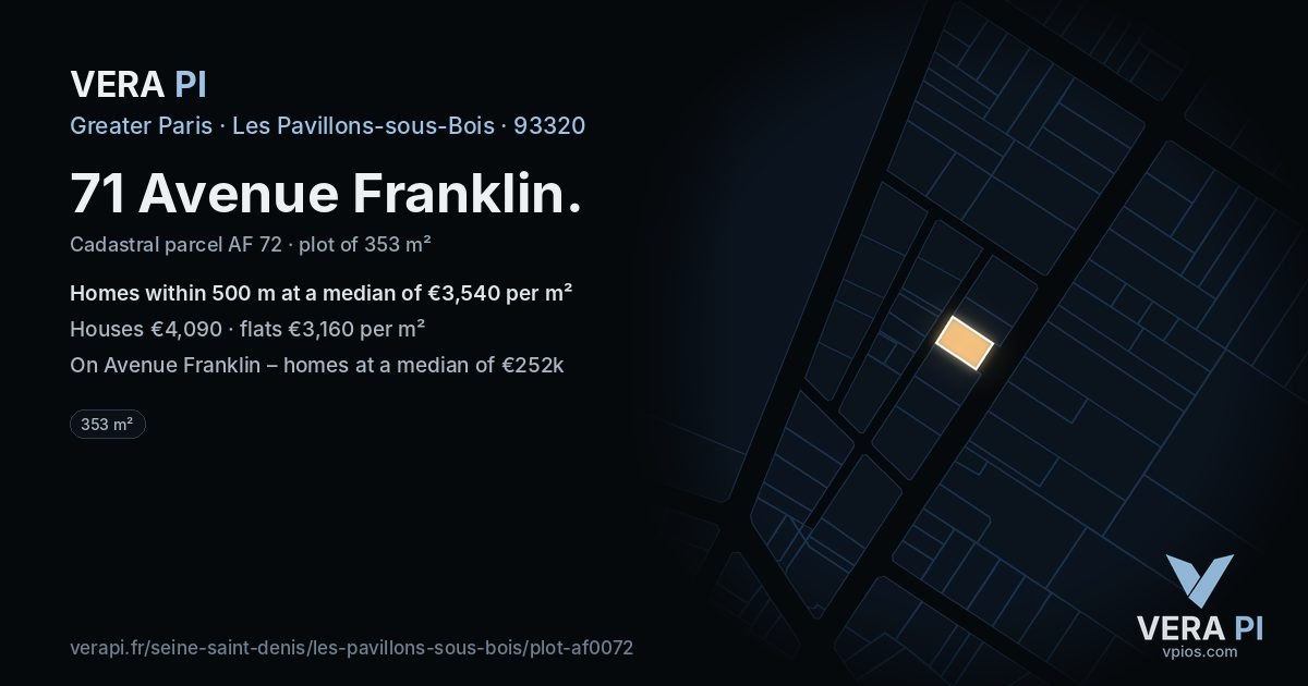 71 Avenue Franklin, Les Pavillons-sous-Bois at night – the plot lit, the parcels around coloured by the prices near them
