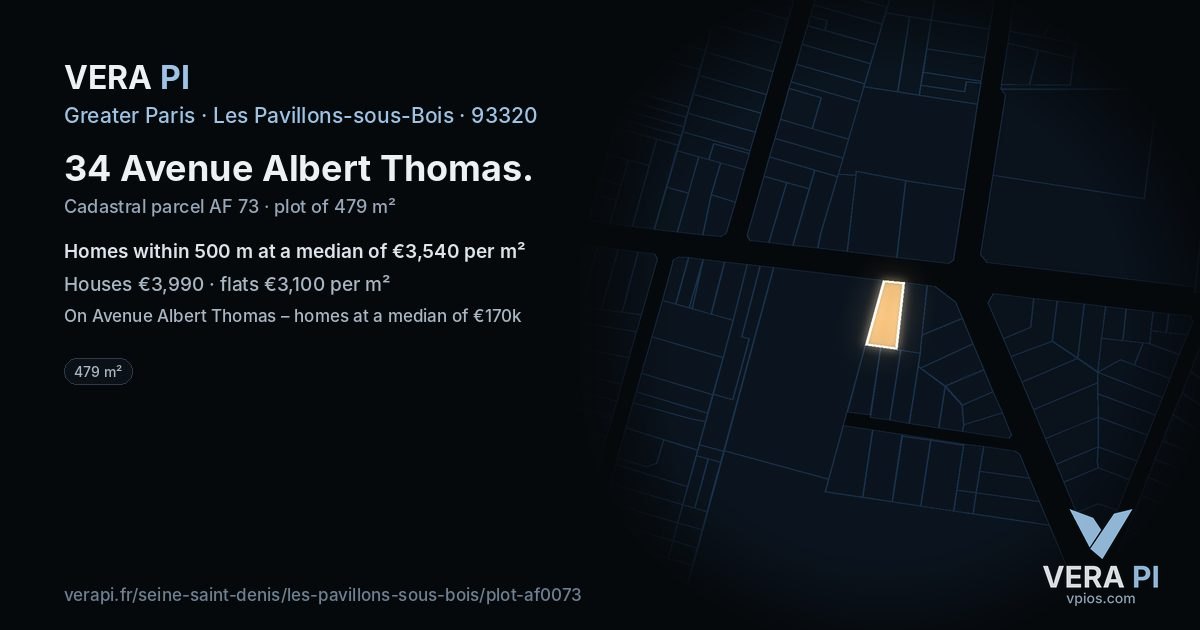 34 Avenue Albert Thomas, Les Pavillons-sous-Bois at night – the plot lit, the parcels around coloured by the prices near them