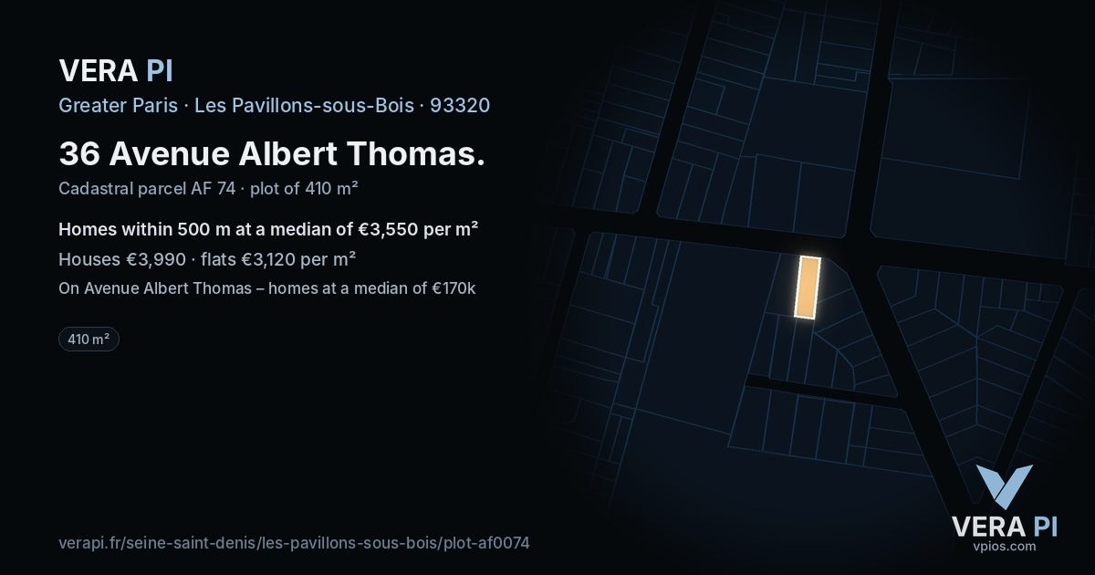 36 Avenue Albert Thomas, Les Pavillons-sous-Bois at night – the plot lit, the parcels around coloured by the prices near them