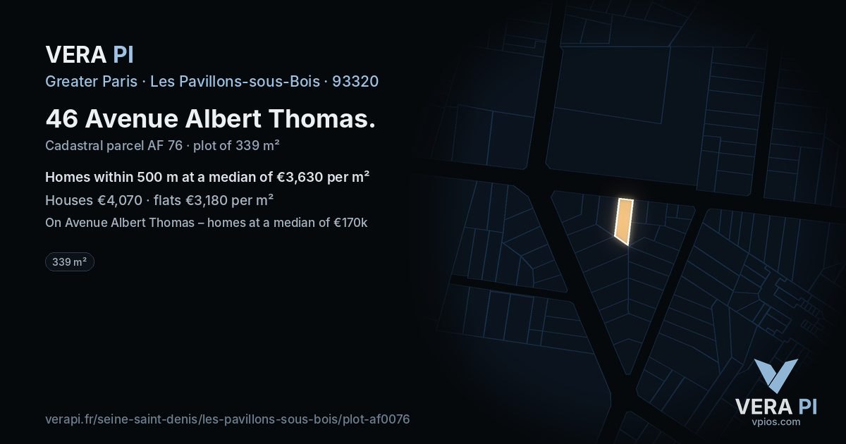 46 Avenue Albert Thomas, Les Pavillons-sous-Bois at night – the plot lit, the parcels around coloured by the prices near them