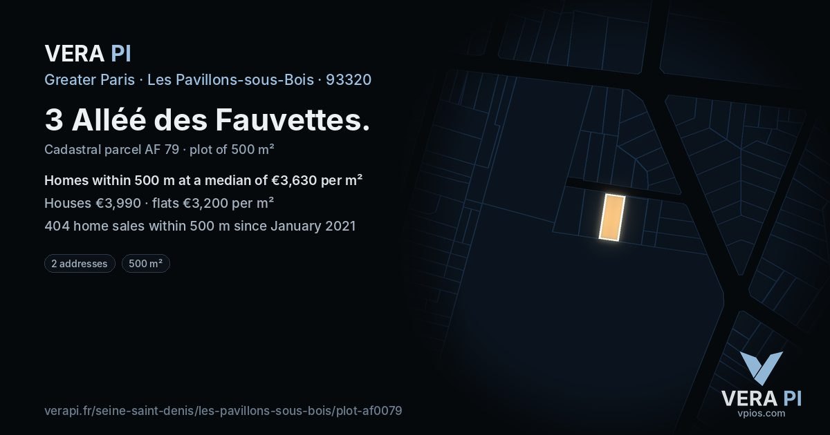 3 Alléé des Fauvettes, Les Pavillons-sous-Bois at night – the plot lit, the parcels around coloured by the prices near them