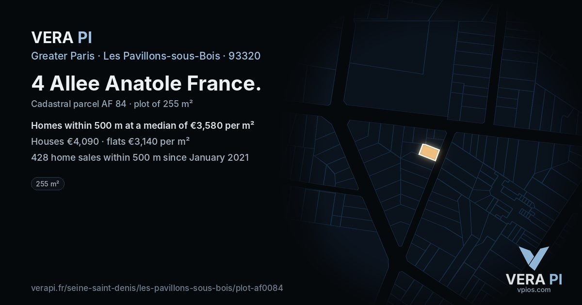 4 Allee Anatole France, Les Pavillons-sous-Bois at night – the plot lit, the parcels around coloured by the prices near them