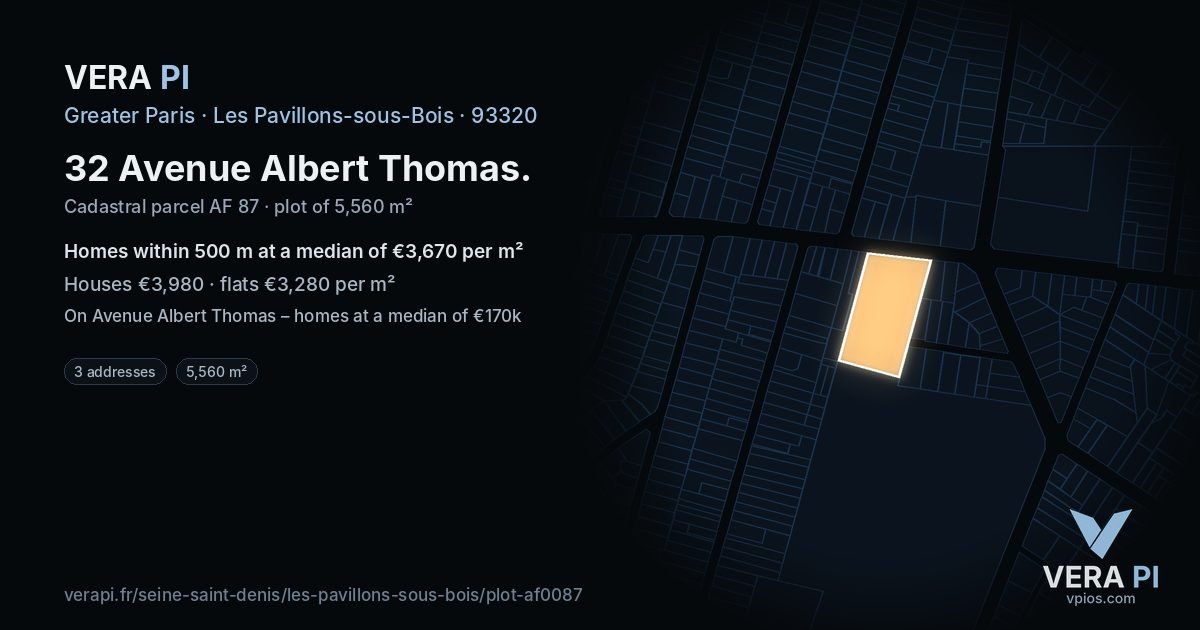 32 Avenue Albert Thomas, Les Pavillons-sous-Bois at night – the plot lit, the parcels around coloured by the prices near them